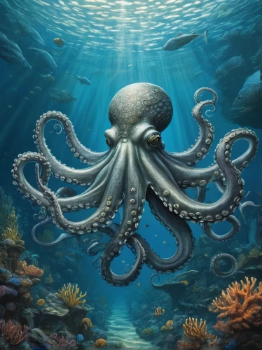 octopus,cephalopod,fun octopus,cephalopods,kraken,octopus vector graphic,silver octopus,octopus tentacles,undersea,under sea,marine animal,sea animal,deep sea,marine biology,the bottom of the sea,calamari,nautilus,sea animals,sea-life,cnidaria,Illustration,Realistic Fantasy,Realistic Fantasy 44
