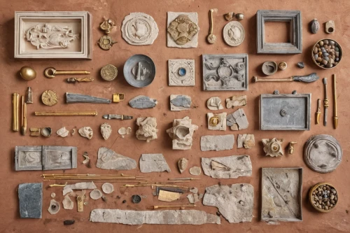assemblage,objects,disassembled,components,remains,raw materials,trinkets,materials,art tools,treasures,dollhouse accessory,metalsmith,flat lay,vanitas,pin board,a drawer,antiquariat,cork board,building materials,classical antiquity,Unique,Design,Knolling