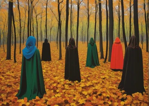 tree grove,orange robes,monks,grove of trees,procession,row of trees,forest workers,forest of dreams,deciduous forest,druids,pilgrims,holy forest,the forests,burqa,spruce forest,the forest,all saints' day,wooden figures,the trees in the fall,autumn forest,Conceptual Art,Graffiti Art,Graffiti Art 06