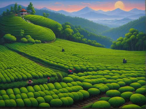 vegetables landscape,tea field,rice terrace,green landscape,tea plantations,vegetable field,fruit fields,mushroom landscape,ricefield,green fields,farm landscape,rice fields,tea plantation,rural landscape,green soybeans,potato field,yamada's rice fields,moc chau tea hills,mountainous landscape,rice field,Illustration,Realistic Fantasy,Realistic Fantasy 18