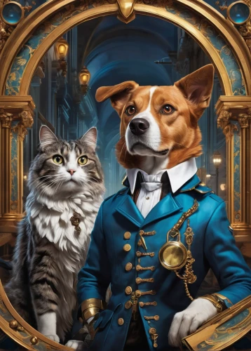 napoleon cat,dog and cat,dogecoin,figaro,aristocrat,the cat and the,welschcorgi,anthropomorphized animals,pet portrait,game illustration,non fungible token,dog - cat friendship,king charles spaniel,corgis,two cats,defense,play escape game live and win,collectible card game,companion dog,veterinarian,Art,Classical Oil Painting,Classical Oil Painting 01
