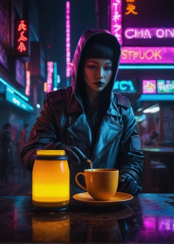 neon coffee,neon tea,cyberpunk,neon drinks,woman drinking coffee,neon cocktails,retro diner,neon light drinks,china tea,vapor,japanese tea,shanghai,tea zen,asian teapot,yellow cups,chinese teacup,neon light,retro woman,neon sign,futuristic,Photography,Documentary Photography,Documentary Photography 34