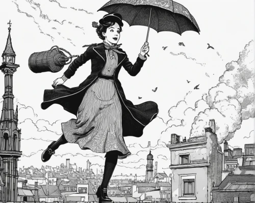 mary poppins,paris clip art,brolly,umbrella,flying girl,paris,victorian lady,victorian style,little girl with umbrella,the victorian era,steampunk,parasol,girl with speech bubble,cover,walking in the rain,girl in a historic way,illustrations,victorian fashion,rockabella,umbrellas,Illustration,Black and White,Black and White 16