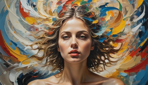 mystical portrait of a girl,psyche,psychedelic art,oil painting on canvas,astonishment,woman thinking,art painting,whirlwind,woman face,head woman,oil painting,immersed,meridians,swirling,surrealism,exploding head,girl in a wreath,visual art,girl with a wheel,young woman,Photography,General,Natural