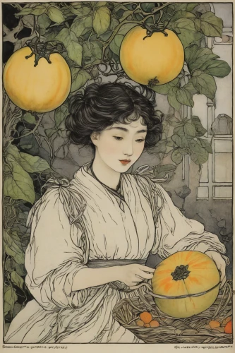 persimmons,kate greenaway,woman eating apple,gourds,apricots,tangerines,orange blossom,navel orange,clementines,pattypan squash,girl picking apples,winter squash,mucha,satsuma,persimmon,yellow peach,ornamental gourds,oranges,apricot,persimmon tree,Illustration,Retro,Retro 25