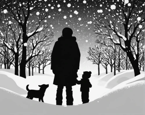 snow scene,christmas snowy background,a collection of short stories for children,the snow falls,boy and dog,snow drawing,night snow,walk with the children,silhouette art,the snow,christmas story,winter background,little girl and mother,in the snow,glory of the snow,snowfall,midnight snow,children's background,modern christmas card,christmas snow,Illustration,Black and White,Black and White 33