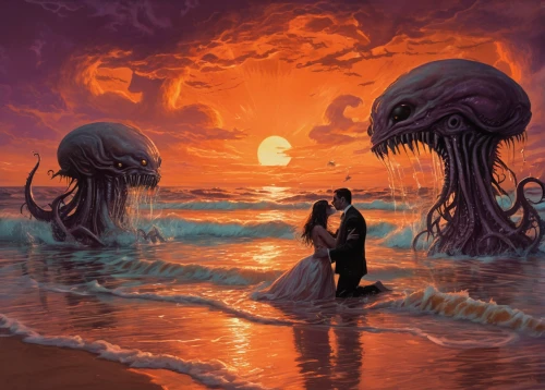 romantic scene,fantasy picture,sci fiction illustration,loving couple sunrise,exploration of the sea,sea monsters,kraken,fantasy art,the people in the sea,polyp,romantic meeting,love in the mist,forbidden love,romantic night,cephalopods,cg artwork,the endless sea,lost love,amorous,calamari,Illustration,Realistic Fantasy,Realistic Fantasy 47