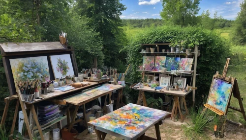 easel,fairy village,garden shed,orchards,flower booth,work space,painting technique,oils,painting work,table artist,summer still-life,work station,chair in field,oil painting,farm set,meadow and forest,work in the garden,forest of dreams,farm yard,floral corner,Illustration,Abstract Fantasy,Abstract Fantasy 14