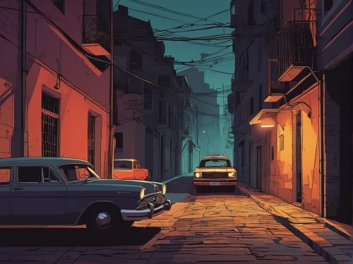 alleyway,alley,old havana,havana,cuba background,street scene,narrow street,the street,street canyon,aronde,blind alley,streets,volvo amazon,evening atmosphere,evening city,night scene,street,backgrounds,digital painting,street lights,Illustration,Vector,Vector 05