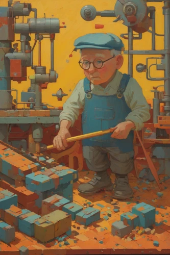 brick-making,bricklayer,jigsaw puzzle,worker,factory bricks,machinery,mechanic,tinsmith,yellow machinery,engineer,lead-pouring,craftsman,tinkering,meticulous painting,repairman,heavy water factory,painting technique,manufacture,manufacturing,lathe,Conceptual Art,Oil color,Oil Color 16