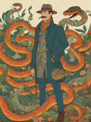 serpent,emperor snake,snake charmers,snake charming,snake,book illustration,constrictor,biologist,paper snakes,snakes,groundsnake,rattlesnake,thunder snake,newt,snake pattern,mandarin,true salamanders and newts,snakebite,digital illustration,brown snake,Illustration,Japanese style,Japanese Style 16