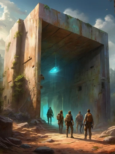 cargo containers,sci fiction illustration,concept art,container freighter,blockhouse,development concept,futuristic landscape,mining facility,fallout shelter,stargate,bunker,travelers,sci-fi,sci - fi,shipyard,airships,sci fi,freighter,scifi,game illustration,Illustration,Realistic Fantasy,Realistic Fantasy 01