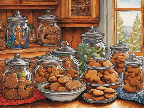 gingerbread jars,cookie jar,gingerbread jar,gingerbread cookies,candy jars,gingerbreads,gingerbread maker,lebkuchen,gingerbread people,gingerbread buttons,ginger bread cookies,christmas gingerbread,gingerbread men,christmas candies,jars,china cabinet,cookies,gingerbread break,christmas cookies,holiday cookies,Illustration,Black and White,Black and White 06