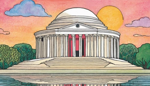 jefferson memorial,thomas jefferson memorial,temples,jefferson monument,pantheon,temple fade,musical dome,capitol,observatory,coloring book for adults,coloring page,supreme court,legislature,stupa,taj-mahal,uscapitol,coloring for adults,planetarium,three pillars,cd cover,Conceptual Art,Oil color,Oil Color 14