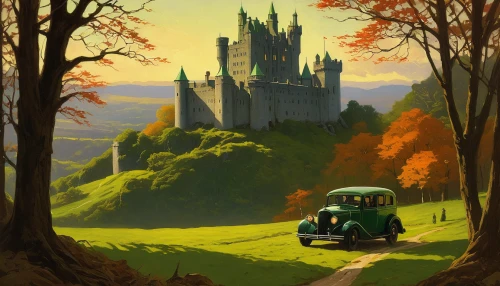 travel poster,hogwarts,fairy tale castle,ford anglia,a fairy tale,fairy tale,jrr tolkien,autumn idyll,fairytale castle,fantasy picture,world digital painting,autumn landscape,autumn scenery,fantasy landscape,castles,fairytale,green landscape,travel destination,disney castle,golf cart,Illustration,Retro,Retro 09