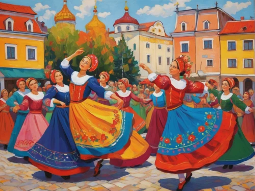 folk-dance,russian folk style,folk dance,dancers,khokhloma painting,folk costumes,village festival,dervishes,russian traditions,celebration of witches,carolers,easter festival,vilnius,folklore,promenade,eastern europe,russian culture,bohemia,procession,lublin,Illustration,Abstract Fantasy,Abstract Fantasy 07