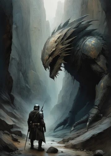 heroic fantasy,guards of the canyon,dragon slayer,black dragon,warrior and orc,encounter,dragon of earth,wyrm,dragons,fallen giants valley,fantasy art,fantasy picture,sci fiction illustration,bear guardian,predation,game illustration,confrontation,predators,mentor,painted dragon,Illustration,Abstract Fantasy,Abstract Fantasy 18