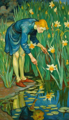 narcissus,girl picking flowers,narcissus of the poets,jonquils,swamp iris,yellow iris,vincent van gough,water-the sword lily,lilly pond,lillies,picking flowers,lily water,lilies,narcissus pseudonarcissus,woman at the well,girl in the garden,water lilies,jonquil,lilly of the valley,day lilly,Art,Artistic Painting,Artistic Painting 03
