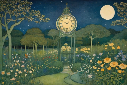 clockmaker,grandfather clock,four o'clock flower,clock face,clocks,clock,four o'clocks,spring forward,moon phase,fairy tales,children's fairy tale,kate greenaway,time pointing,mirror in the meadow,fairy tale,old clock,flower clock,longitude,longcase clock,orsay,Illustration,Retro,Retro 23