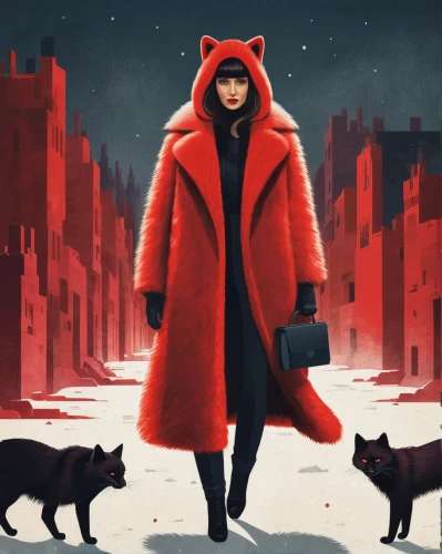 red coat,red riding hood,little red riding hood,the fur red,ursa,fur coat,overcoat,fur clothing,red cape,long coat,red cat,fur,scarlet witch,coat,redfox,girl with dog,sci fiction illustration,winter animals,laika,black coat,Conceptual Art,Daily,Daily 20