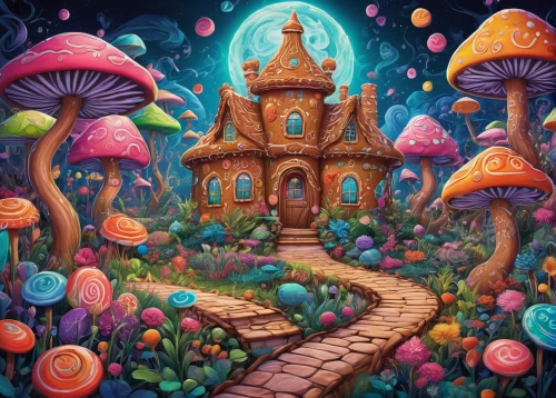mushroom landscape,fairy village,mushroom island,fairy house,fairy world,fairy forest,fairy chimney,candy cauldron,witch's house,dandelion hall,wonderland,wishing well,fantasy landscape,fantasy world,mushrooms,fairy tale castle,dream world,children's background,fantasy city,fairy galaxy,Illustration,Realistic Fantasy,Realistic Fantasy 39