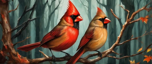 northern cardinal,bird painting,bird couple,cardinals,birds on a branch,songbirds,cardinal,birds on branch,red cardinal,bird robins,finches,perched birds,cardinal points,passerine parrots,small birds,robins in a winter garden,hummingbirds,tropical birds,little birds,fire birds,Conceptual Art,Daily,Daily 34