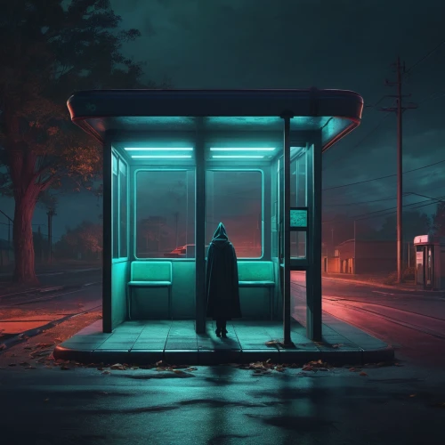 bus stop,busstop,petrol pump,electric gas station,bus shelters,gas-station,gas station,phone booth,gas pump,e-gas station,payphone,pay phone,kiosk,convenience store,telephone booth,cyberpunk,shelter,cash point,teal,midnight,Conceptual Art,Sci-Fi,Sci-Fi 11