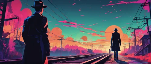 transistor,scythe,cyberpunk,conductor,travelers,lamplighter,signal,game illustration,train of thought,suburb,sci fiction illustration,stranger,houses silhouette,background image,pedestrian,the girl at the station,dusk,the road,crossroad,dusk background,Conceptual Art,Daily,Daily 21