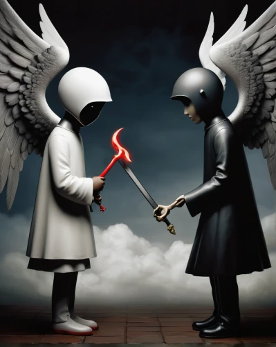 angel and devil,heaven and hell,afterlife,angels of the apocalypse,angelology,photo manipulation,sword fighting,duality,duel,confrontation,opposites,cupid,swordsmen,shinigami,parallel world,puppets,surrealism,dispute,photomanipulation,orphaned,Illustration,Abstract Fantasy,Abstract Fantasy 22