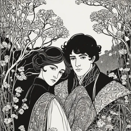 young couple,mucha,secret garden of venus,scent of jasmine,in the tall grass,book illustration,vintage illustration,hand-drawn illustration,rem in arabian nights,romantic portrait,clamp,prince and princess,fairy tale,a fairy tale,as a couple,cool woodblock images,honeymoon,fairytale characters,romance novel,man and wife,Illustration,Black and White,Black and White 24
