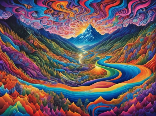 psychedelic art,lsd,pachamama,psychedelic,acid lake,vortex,trip computer,flow of time,dimensional,geological phenomenon,acid,cascades,rainbow waves,colorful spiral,kaleidoscope art,himalaya,coral swirl,kaleidoscopic,kaleidoscope,valley of the moon,Illustration,Realistic Fantasy,Realistic Fantasy 39