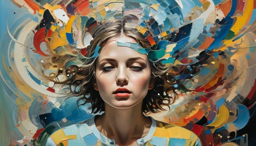 psychedelic art,woman thinking,astonishment,art painting,mystical portrait of a girl,psyche,girl in a long,abstract artwork,oil painting on canvas,woman face,self hypnosis,head woman,meridians,fluctuation,dizzy,girl with a wheel,abstract painting,italian painter,meticulous painting,visual art,Photography,General,Natural