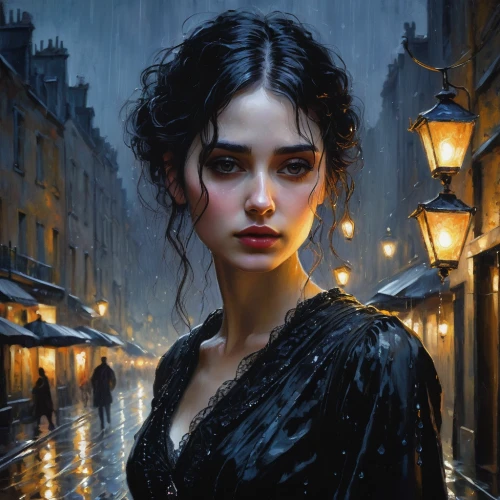 romantic portrait,walking in the rain,mystical portrait of a girl,in the rain,gothic portrait,fantasy portrait,light rain,fantasy art,city ​​portrait,gothic woman,rainy,fantasy picture,red rose in rain,lady of the night,the girl in nightie,la violetta,romantic look,rainstorm,the enchantress,rainy day,Conceptual Art,Oil color,Oil Color 06