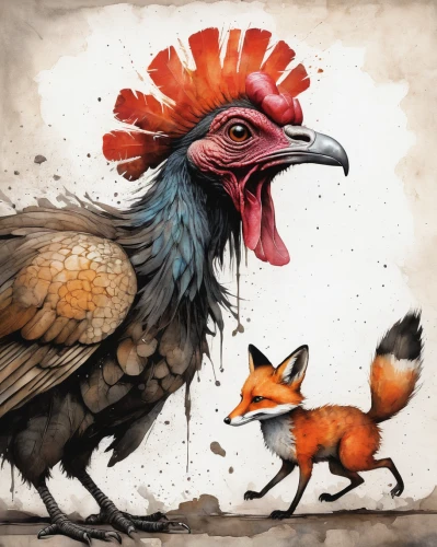 feathered race,anthropomorphized animals,funny turkey pictures,thanksgiving background,fall animals,avian flu,in the mother's plumage,domesticated turkey,fowl,turkeys,confrontation,roosters,whimsical animals,red hen,game illustration,turkey dinner,save a turkey,reconstruction,cornucopia,pheasant,Illustration,Abstract Fantasy,Abstract Fantasy 18