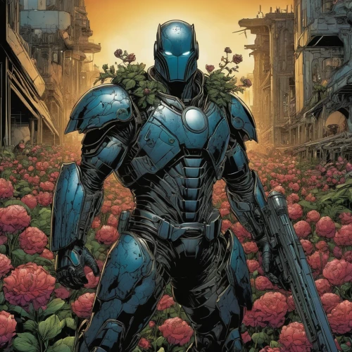 valerian,war machine,ironman,iron,iron man,iron-man,cleanup,destroy,cyborg,dr. manhattan,ironweed,steel man,skyflower,blue bonnet,iron mask hero,wall,hydrangeas,petals,blue hydrangea,atom,Illustration,American Style,American Style 02