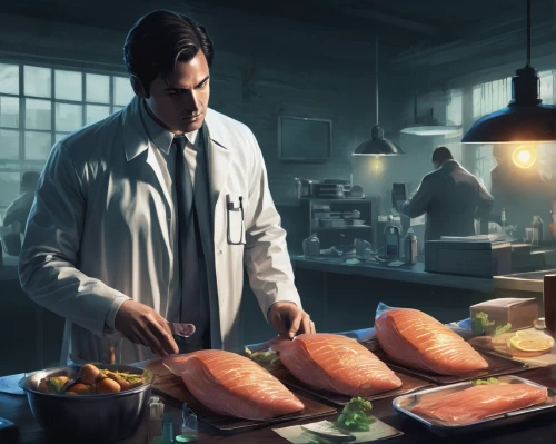 fish-surgeon,sci fiction illustration,game illustration,medical illustration,cookery,fishmonger,food preparation,cg artwork,game art,food and cooking,butcher shop,chef,men chef,food processing,cooks,cooking,the pandemic,knife kitchen,cooking book cover,laboratory,Conceptual Art,Fantasy,Fantasy 02