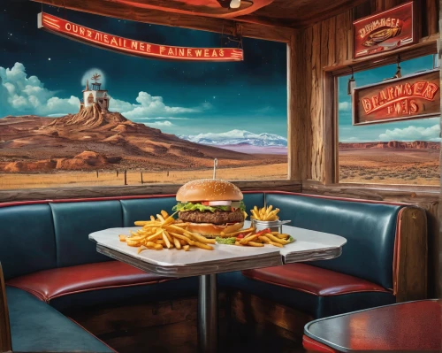 retro diner,red robin,drive in restaurant,burger and chips,fast food restaurant,row burger with fries,diner,atlantic grill,hamburger set,oil painting on canvas,colored pencil background,american food,big hamburger,southwestern united states food,classic burger,route66,route 66,hamburger plate,burgers,new york restaurant,Illustration,Black and White,Black and White 07