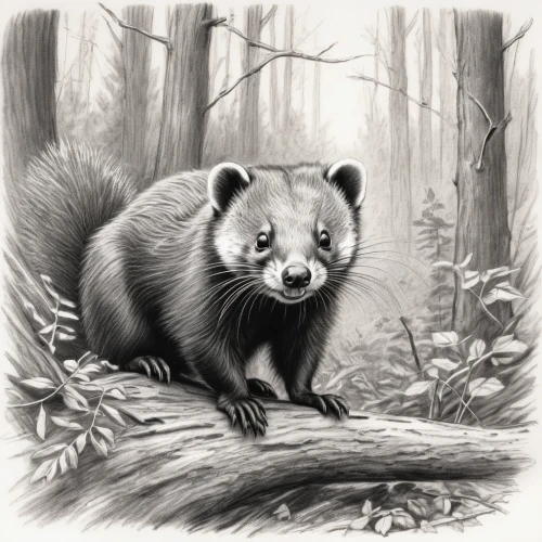 mustelid,polecat,north american raccoon,mustelidae,common opossum,raccoon,coatimundi,virginia opossum,raccoon dog,marten,opossum,philomachus pugnax,badger,sciurus,sciurus major,possum,illustration,suricata suricatta,red panda,weasel,Illustration,Black and White,Black and White 35