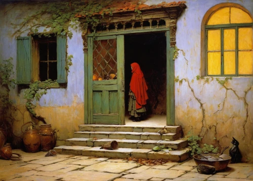 the threshold of the house,woman house,millet,woman at the well,orientalism,woman praying,asher durand,praying woman,lev lagorio,girl in the kitchen,home door,merchant,riad,ancient house,middle eastern monk,dongfang meiren,carl svante hallbeck,medina,woman playing,night scene,Art,Classical Oil Painting,Classical Oil Painting 42
