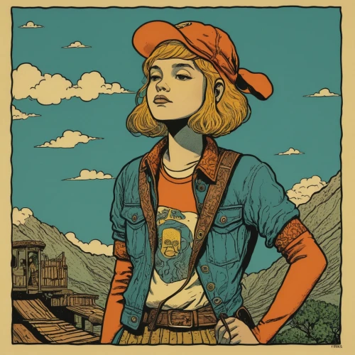 clementine,retro girl,retro woman,retro women,heidi country,countrygirl,mountain guide,vintage girl,hiker,ranger,comic halftone woman,digital illustration,feist,park ranger,head woman,retro styled,farm girl,vector girl,jean jacket,girl with a gun,Illustration,Vector,Vector 15