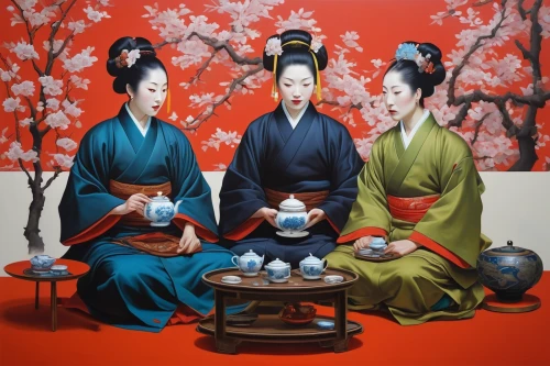 tea ceremony,japanese art,chinese art,junshan yinzhen,japanese culture,ikebana,japanese tea,japanese tea set,korean culture,oriental painting,geisha,geisha girl,sake set,plum blossoms,tea zen,offerings,taiwanese opera,japanese icons,traditional japanese musical instruments,japanese style,Illustration,Realistic Fantasy,Realistic Fantasy 24