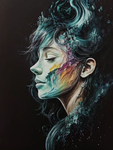 dryad,chalk drawing,psychedelic art,mystical portrait of a girl,watercolor paint strokes,iridescent,immersed,pisces,water colors,gaia,mother earth,splintered,fantasy portrait,mermaid background,the zodiac sign pisces,watercolor paint,spectral colors,bodypainting,faery,siren