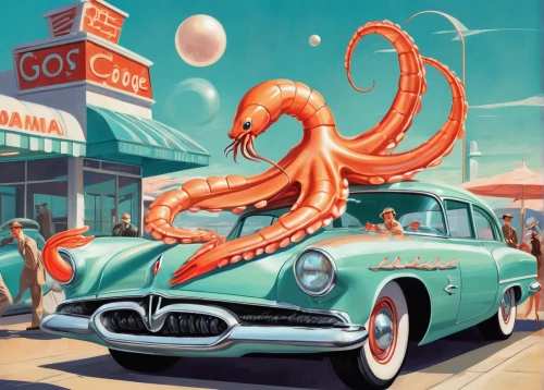 tentacles,cephalopod,fun octopus,octopus,tentacle,octopus tentacles,retro diner,cephalopods,giant squid,pink octopus,route66,route 66,drive in restaurant,car hop,vintage illustration,buick y-job,sci fiction illustration,fast food restaurant,octopus vector graphic,car dealer,Illustration,Retro,Retro 12