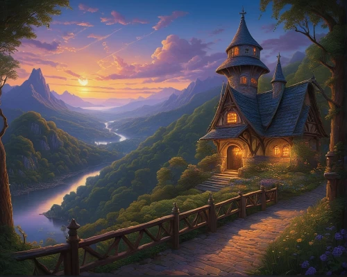 fantasy landscape,fairy tale castle,fantasy picture,fairytale castle,mountain settlement,landscape background,home landscape,house in mountains,mountain village,aurora village,alpine village,house in the mountains,summer cottage,lonely house,fairy tale,witch's house,idyllic,beautiful landscape,cottage,fairytale,Illustration,Realistic Fantasy,Realistic Fantasy 27