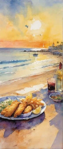 watercolor cafe,beach restaurant,fish and chips,aperitif,fish and chip,breakfast table,beach landscape,mediterranean cuisine,watercolor painting,oil painting,fish chips,summer evening,italian painter,landscape with sea,oil painting on canvas,sicilian cuisine,summer still-life,sea landscape,seascape,carol colman,Illustration,Paper based,Paper Based 12