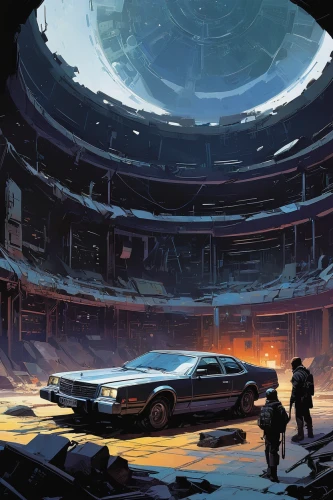 sci fiction illustration,futuristic landscape,buick lesabre,ufo interior,concept art,underground garage,scifi,spaceship space,sci - fi,sci-fi,gas planet,sci fi,futuristic car,garage,futuristic art museum,buick regal,space port,parking lot,science fiction,ford taurus,Conceptual Art,Sci-Fi,Sci-Fi 01