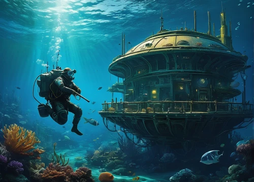 diving bell,underwater playground,scuba diving,aquanaut,scuba,underwater diving,underwater background,deep sea diving,underwater landscape,undersea,submersible,marine tank,sunken church,ocean underwater,under sea,underwater world,diving helmet,ocean floor,under the sea,underwater oasis,Conceptual Art,Fantasy,Fantasy 09