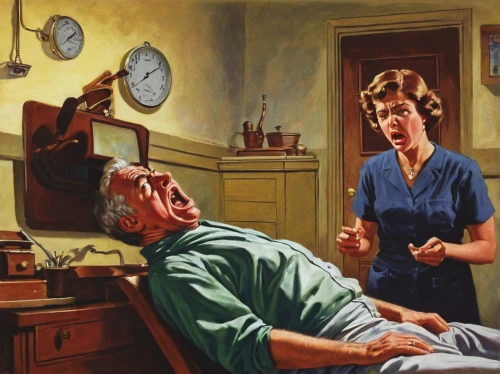 rear window,consulting room,doctor's room,dentist,chiropractic,man with a computer,theoretician physician,appointment,health care provider,chiropractor,physician,grandparents,chores,housework,caregiver,menopause,domestic life,cleaning woman,eye examination,repairman,Illustration,Retro,Retro 02