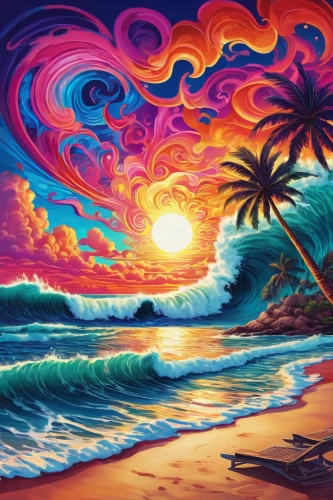 beach landscape,tropical sea,tropical beach,beach scenery,sunset beach,rainbow waves,ocean paradise,luau,sunrise beach,coast sunset,dream beach,south seas,beach background,aloha,colorful background,ocean background,coastal landscape,maui,sea landscape,seascape,Illustration,Realistic Fantasy,Realistic Fantasy 39