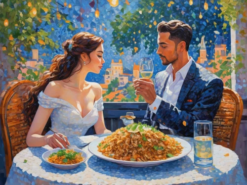 romantic dinner,romantic portrait,dinner for two,romantic scene,green papaya salad,young couple,étouffée,capellini,bistro,gastronomy,chowmein,sicilian cuisine,man and wife,spaghetti alla puttanesca,bolognese,as a couple,lo mein,dining,viennese cuisine,linguine,Conceptual Art,Daily,Daily 31